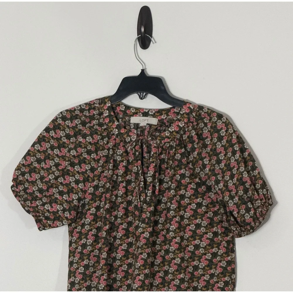 LOFT Womens Floral Tie Neck Puff Sleeve Blouse Olive Green Pink Small